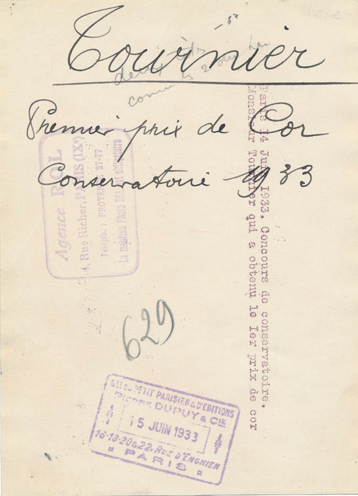 Les premiers prix cor Conservatoire Paris en 1933 Roger FAYEULLE Jean TOURNIER