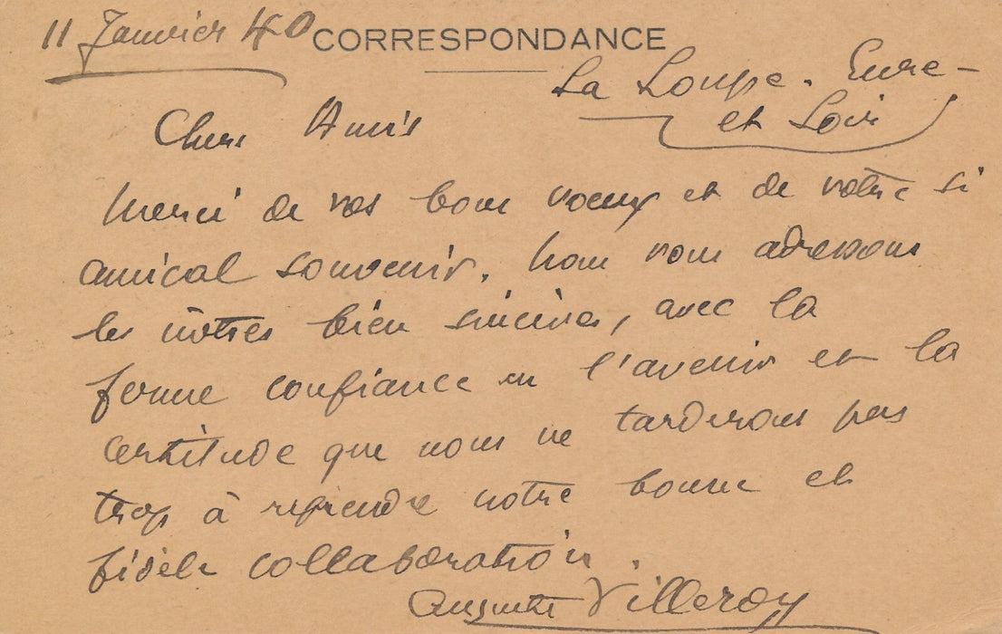 Auguste VILLEROY poète dramaturge carte autographe à Paul-Courant guerre