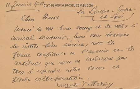 Auguste VILLEROY poète dramaturge carte autographe à Paul-Courant guerre