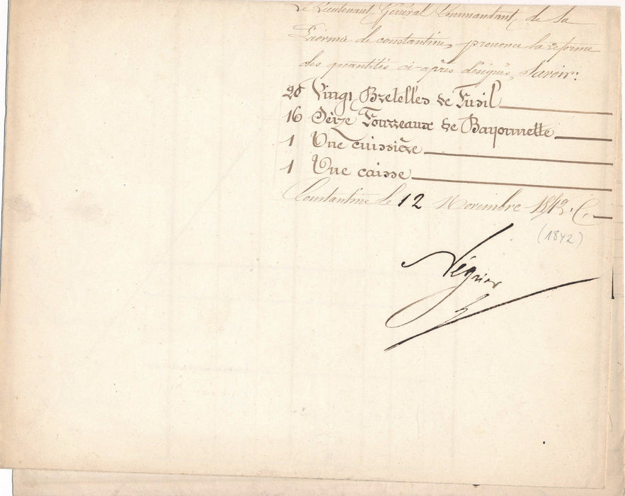 Militaire Algérie Campagne 1842 pièce signée général de Négrier 
