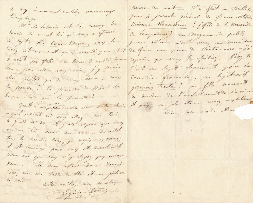 le tempérament d'Eugénie FOA 2 lettres autographes signées 1 à Eugène Scribe