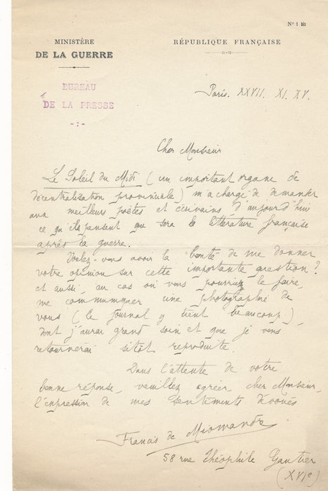 Francis de Miomandre 2 lettres autographes signées ET 2 envois P. Fort Hébertot