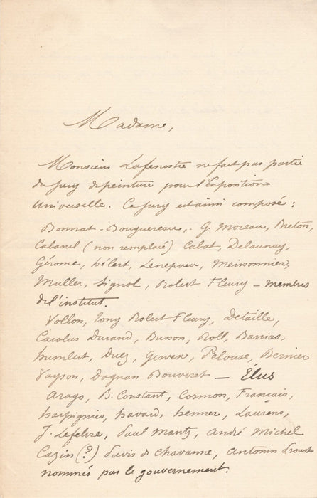 Belle lettre Léon HORSIN-DÉON sur le jury Exposition universelle peinture 1889