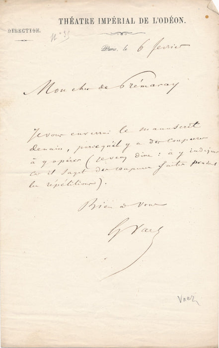 Gustave VAËZ VAEZ opéra librettiste coupure à opérer lettre autographe signée