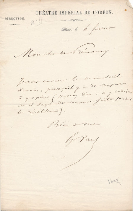 Gustave VAËZ VAEZ opéra librettiste coupure à opérer lettre autographe signée