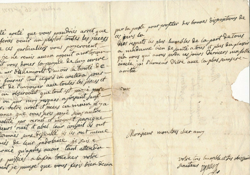 Lettre autographe signée affaire judiciaire créance Sisteron Vignier Vantalon