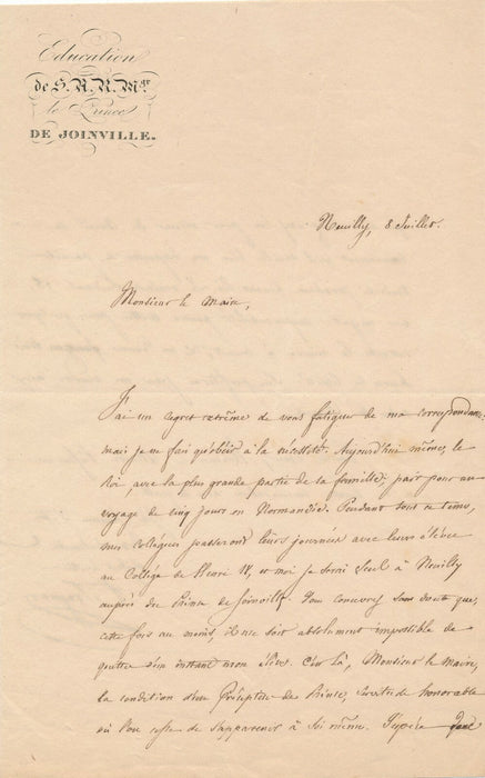 Auguste TROGNON précepteur François d'Orléans 2 lettres autographes signées