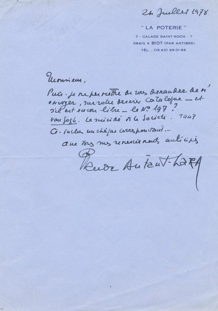cinéma Claude AUTANT-LARA achète Van Gogh  Suicidé la Société lettre autographe