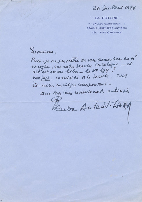 cinéma Claude AUTANT-LARA achète Van Gogh  Suicidé la Société lettre autographe