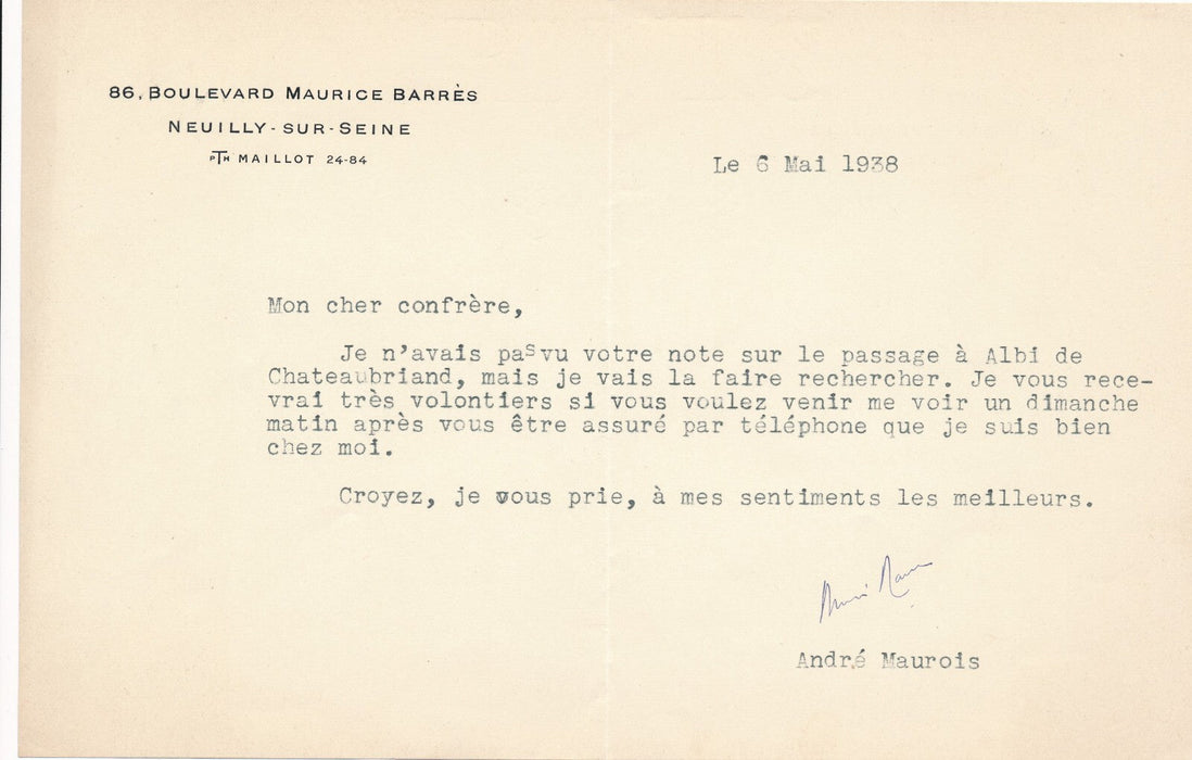 intéressant écrivain André Maurois 2 autographe signé ET 2 lettres signées