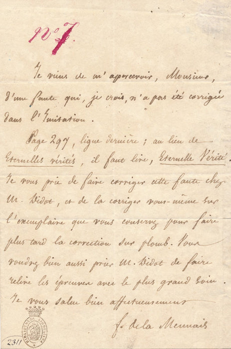 Félicité de LAMENNAIS lettre autographe signée Librairie classique L'Imitation