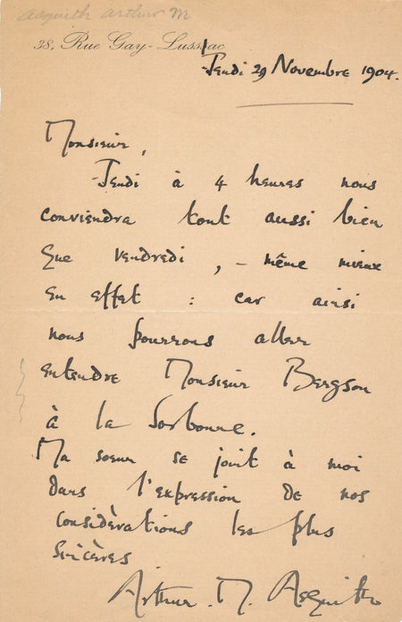 Anglais Arthur ASQUITH militaire ET soeur Violet Paris lettre autographe signée