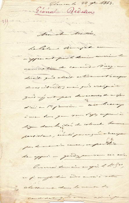 général Bedeau Algérie lettre autographe signée classement officier 1843