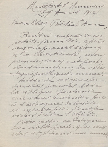 Henri Martin BARZUN à Paul FORT une attaque injustifiée lettre autographe signée