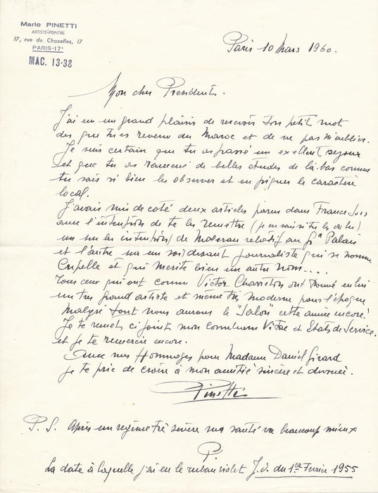 Mario PINETTI 2 lettres autographes signées V. Charreton Salon d'Hiver