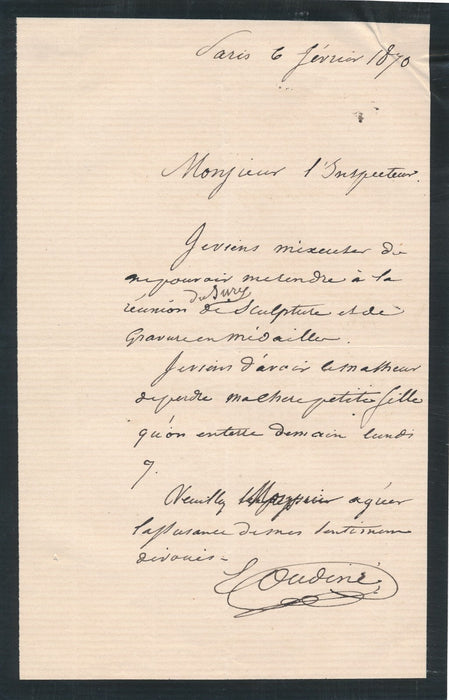 Eugène-André OUDINÉ vient de perdre sa petite fille... lettre autographe signée