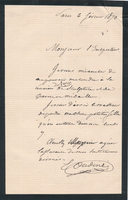 Eugène-André OUDINÉ vient de perdre sa petite fille... lettre autographe signée