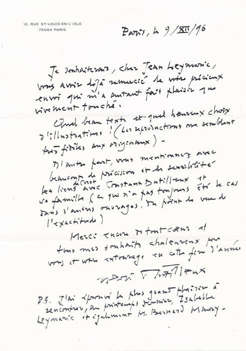Henri DUTILLEUX Lettre autographe signée sur Constant Dutilleux peintre