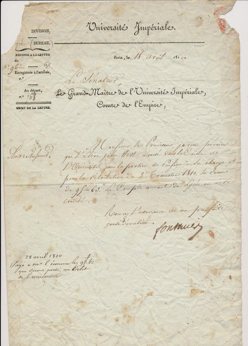 Louis de Fontanes (1757-1821) lettre signée Lycee Orléans Empire 