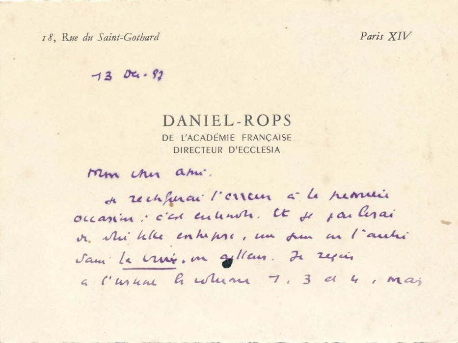 Daniel-Rops 4 lettres autographes signées et 4 cartes autographes signées