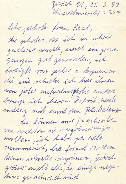 Suisse Fred Engelbert KNECHT lettre autographe signée 1952 galeriste Gisèle Réal