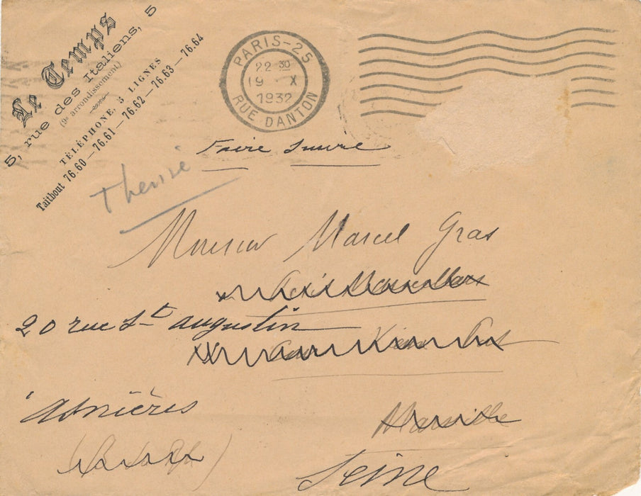 écrivain André THÉRIVE lettre autographe signée sur son roman Anna