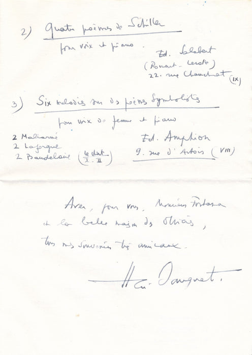 Henri SAUGUET compositeur lettre à Anahit FONTANA  Voyante poèmes de Schiller