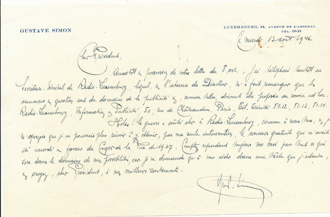 chanteur Belge Gustave SIMON lettre autographe signée : aide un ami Luxembourg