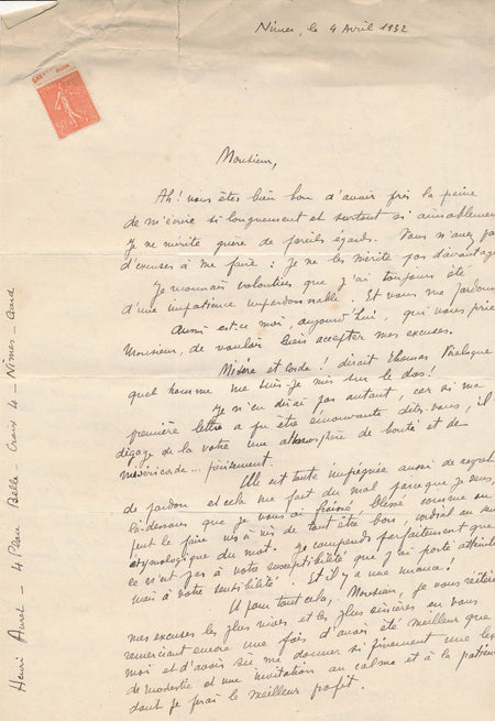 2 lettres manuscrites d’écrivains débutants, datées de 1932 à Marcel Gras 