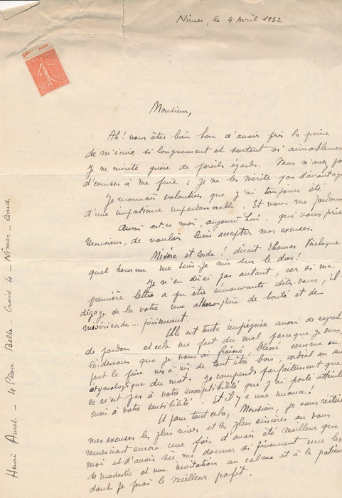 2 lettres manuscrites d’écrivains débutants, datées de 1932 à Marcel Gras 