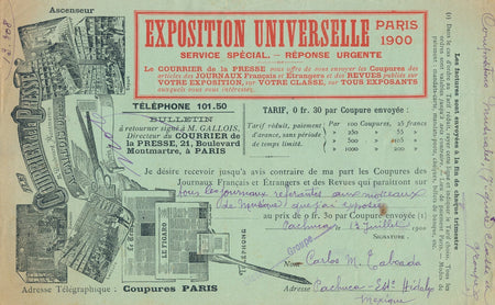 Carlos M. TABOADA artiste Mexique Mexicain exposition universelle lettre signée