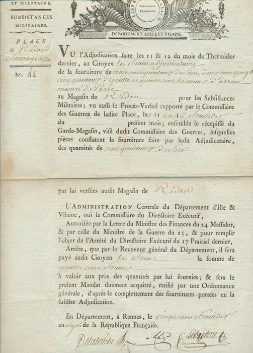 Ille-et-Vilaine 3 lettres signées paiement armée seigle Alexis LE GRAVEREND 1798