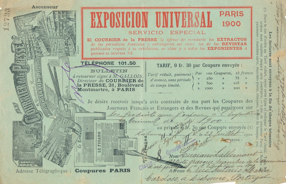 Portugal Luciano LALLEMANT lettre signée presse exposition universelle Paris
