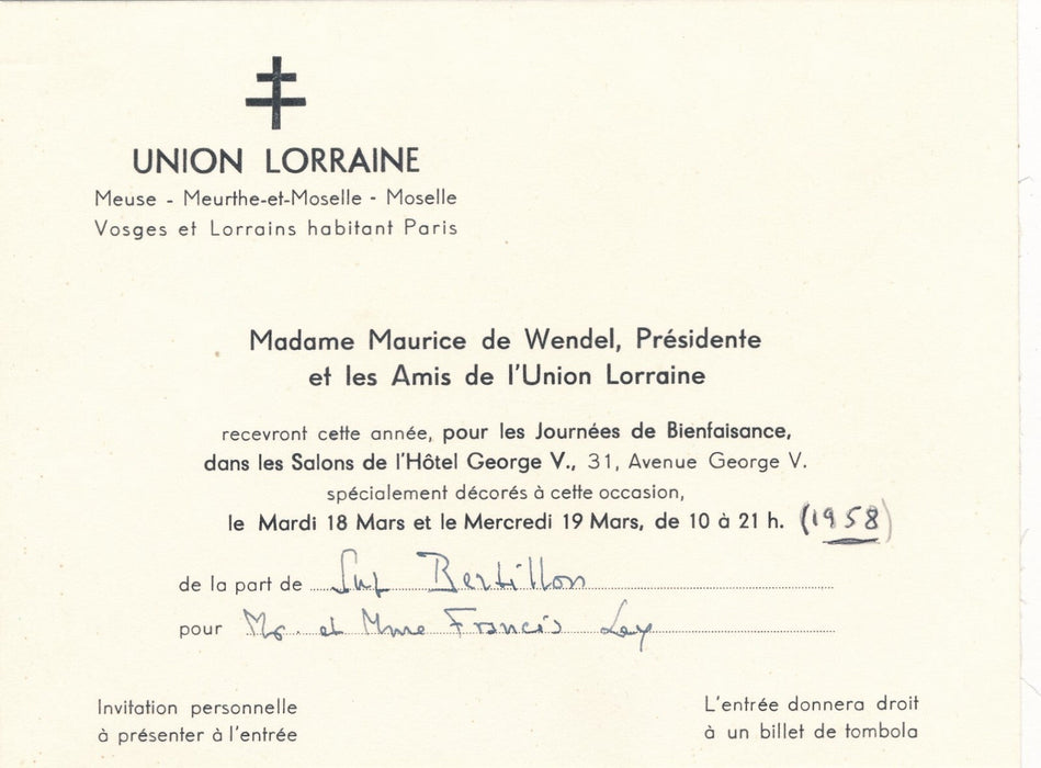 Suzanne BERTILLON décoratrice invitation Union Lorraine Wendel Balmain Dior ...