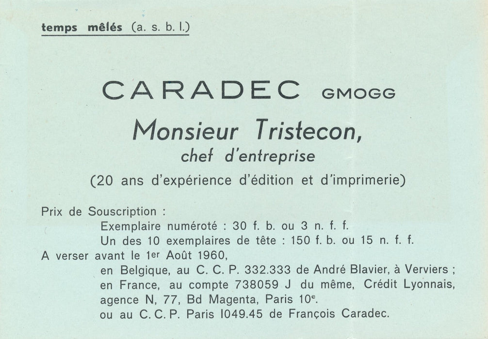 François Caradec : Monsieur Tristecon envoi autographe signé EO 1960