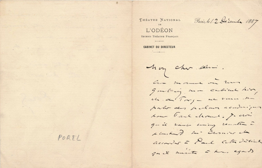 Paul Porel Odéon Théâtre lettre autographe signée palmes Paul Mounet Bergerac