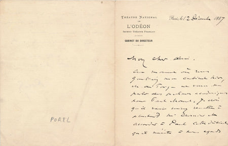 Paul Porel Odéon Théâtre lettre autographe signée palmes Paul Mounet Bergerac