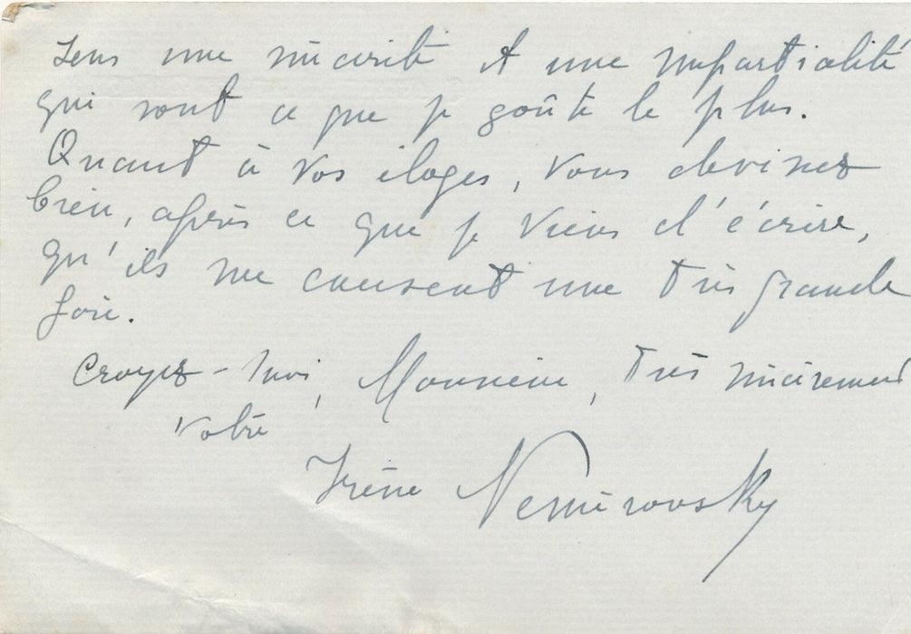 Irène NÉMIROVSKY Carte autographe signée à Marcel Gras L’Affaire Courilof