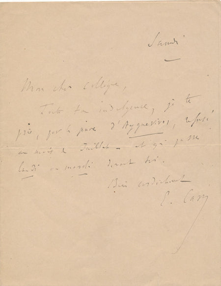 Lettre autographe signée non identifiée adressée au chimiste Léon Joseph Olmer