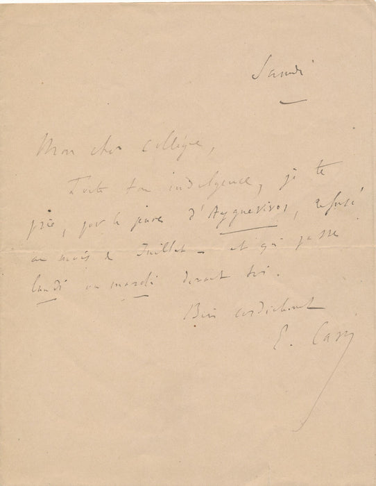 Lettre autographe signée non identifiée adressée au chimiste Léon Joseph Olmer