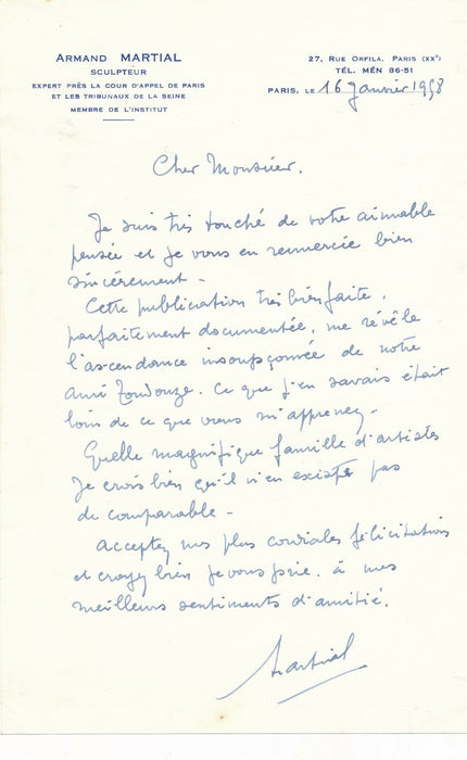 Armand Martial sculpteur lettre autographe signée André Dupuis Toudouze
