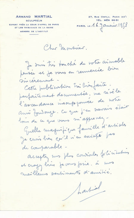 Armand Martial sculpteur lettre autographe signée André Dupuis Toudouze