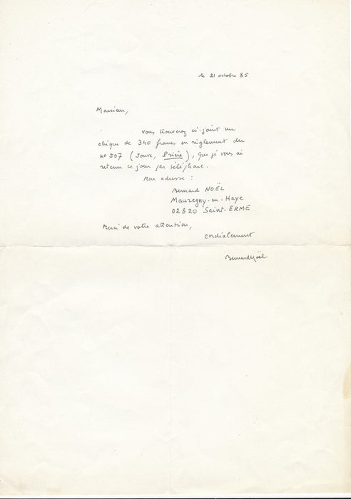 Bernard NOËL poète lettre autographe achète Prière de Pierre Jean Jouve
