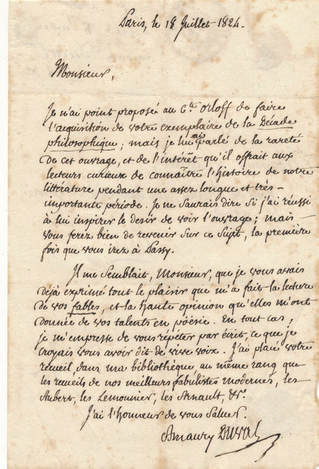 AMAURY DUVAL lettre autographe signée à A. Rigaud Décade philosophique Orloff