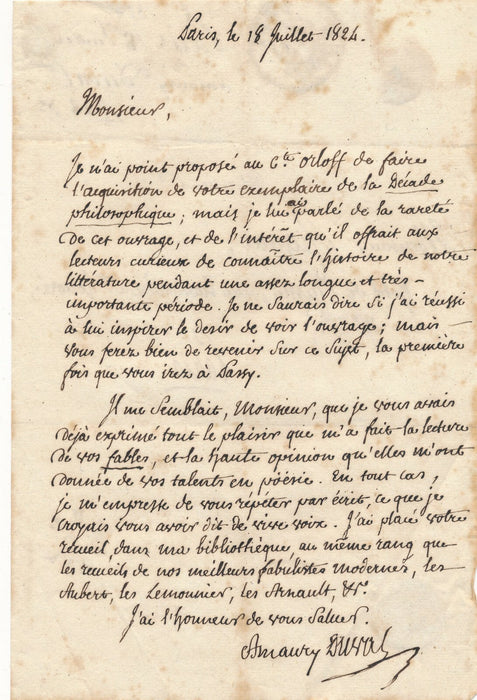 AMAURY DUVAL lettre autographe signée à A. Rigaud Décade philosophique Orloff