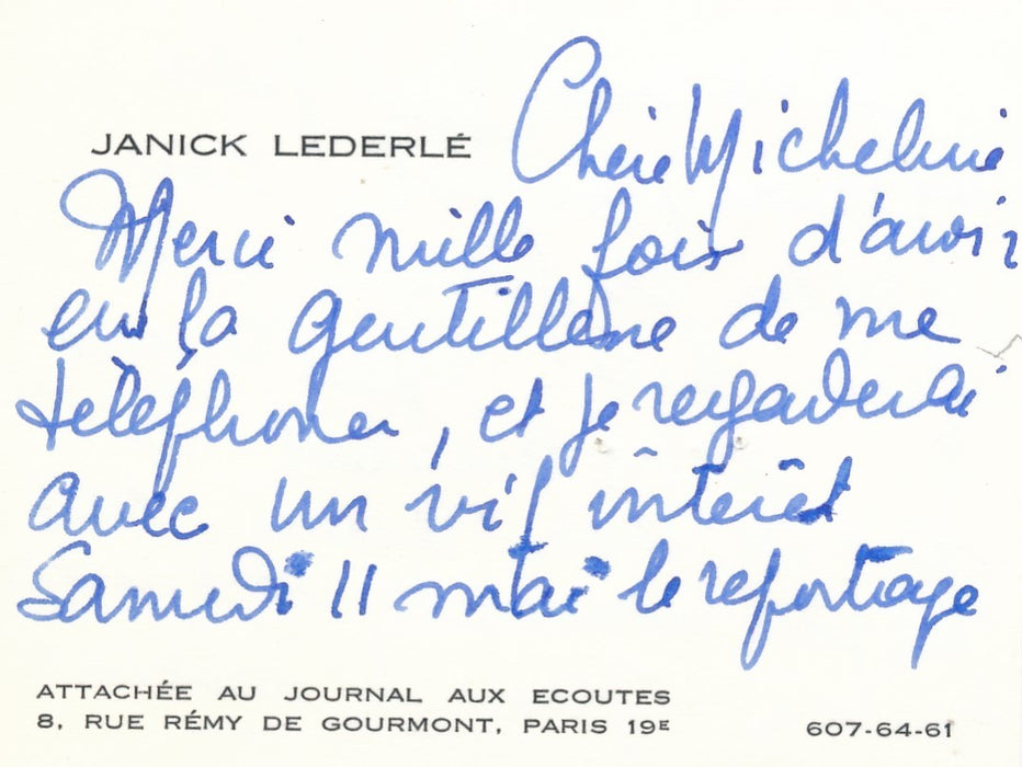 Janick Lederle peintre danse lettre et carte autographe exposition