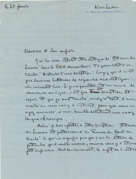 Alain Serdac Détresse du Samoa critique négative je ne suis pas un auteur lettre