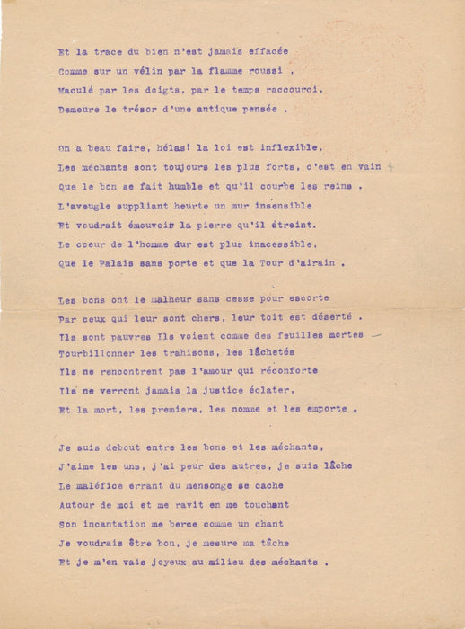 Littérature Maurice MAGRE  poème tapuscrit signé annoté 8 strophes 7 vers