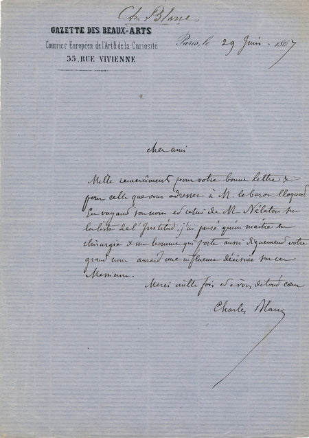 Chirurgie Charles Blanc lettre autographe signée Nelaton Jules Cloquet