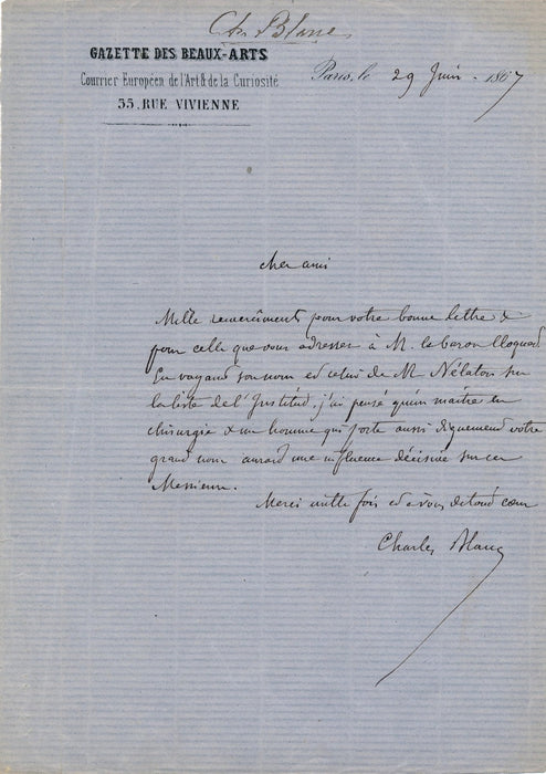 Chirurgie Charles Blanc lettre autographe signée Nelaton Jules Cloquet